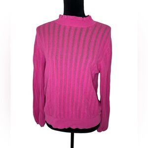 J.CREW BUBBLEGUM BARBIE PINK RUFFLE MOCK-NECK OPEN KNIT SWEATER SIZE‎ LARGE